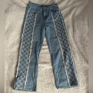 checkerboard blue jeans